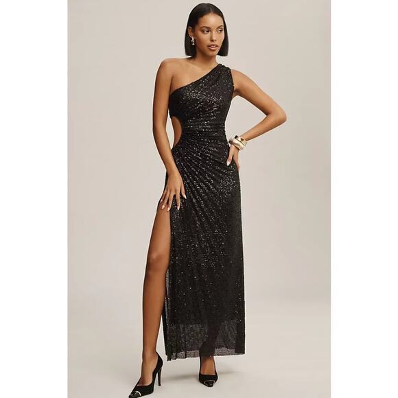 Delfi Collective Womens Sequin Solie One-Shoulder Dress Side Slit Black L NEW